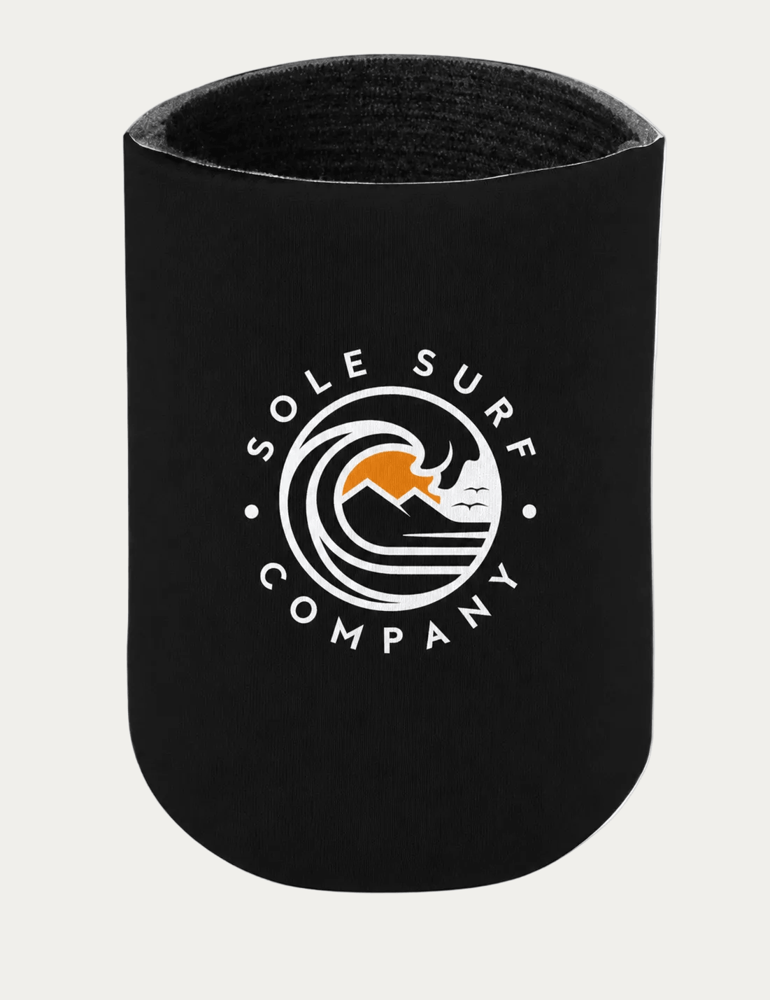 A black neoprene can cooler sleeve featuring a white circular 'SOLE SURF COMPANY' logo with an orange wave graphic, shown on a plain white background.