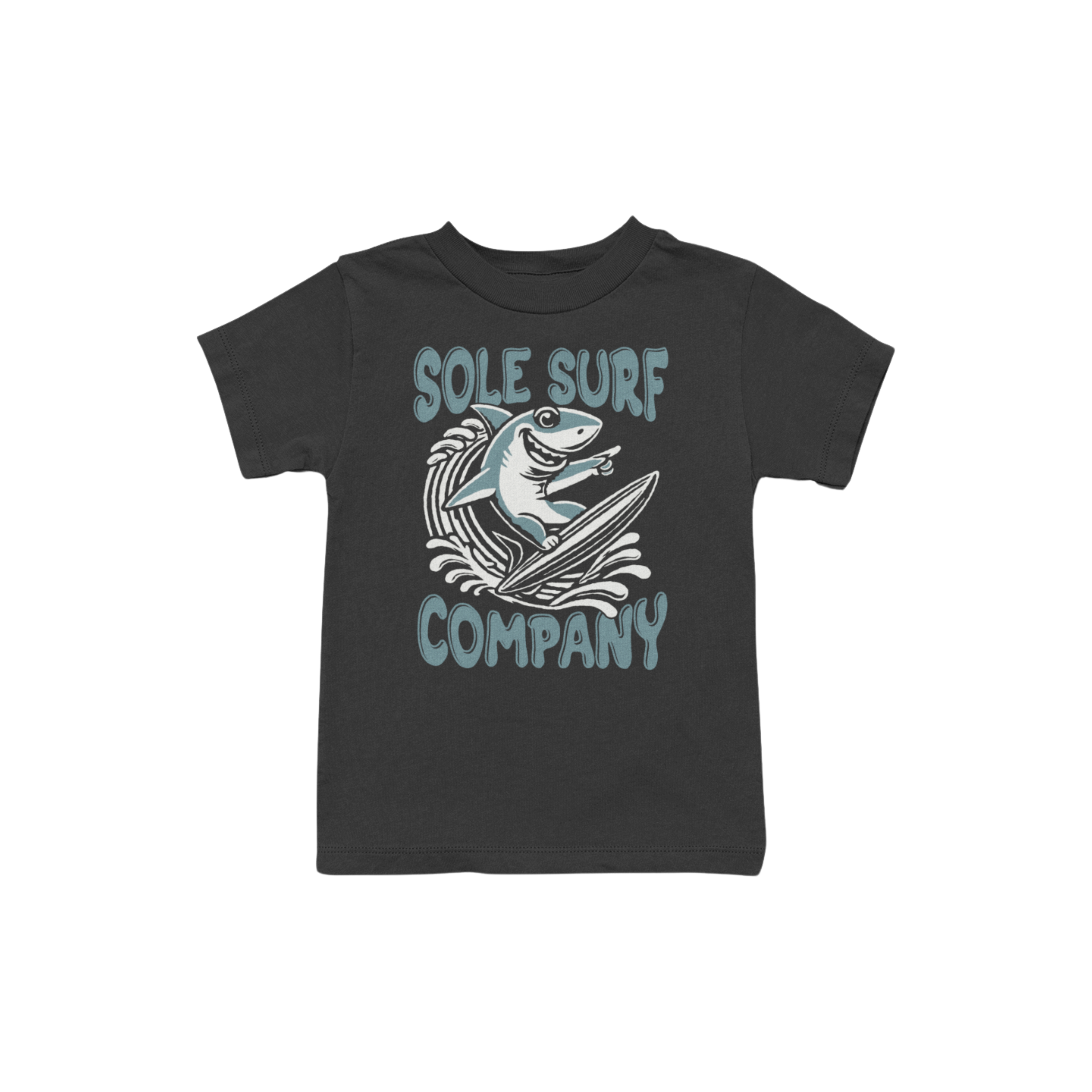 Kids Surfing Shark Tee featuring a playful shark graphic, perfect for beach days and ocean-loving kids.
