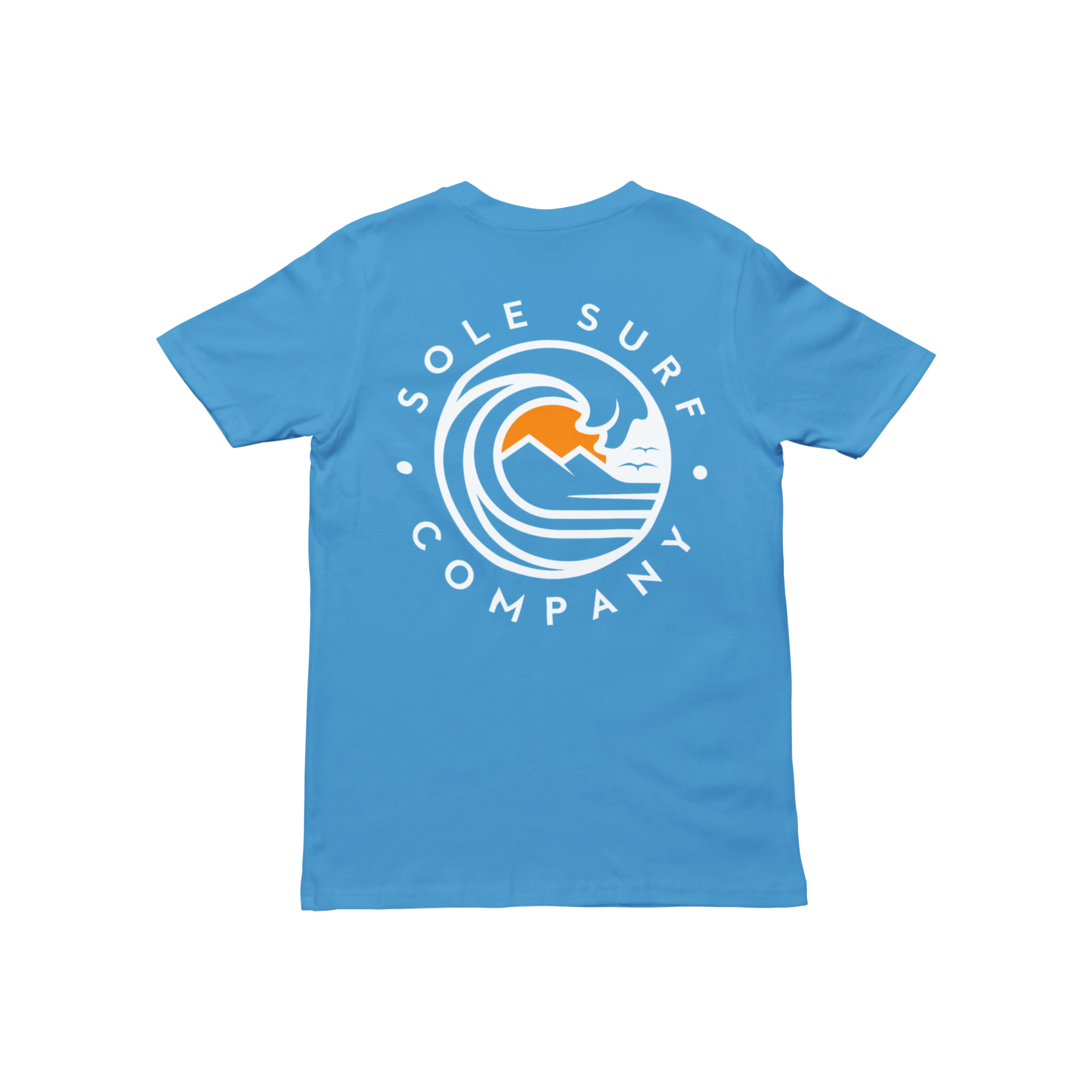 Blue kids' tee featuring the Sole Surf Company logo with waves and a surfboard design, perfect for beach adventures.