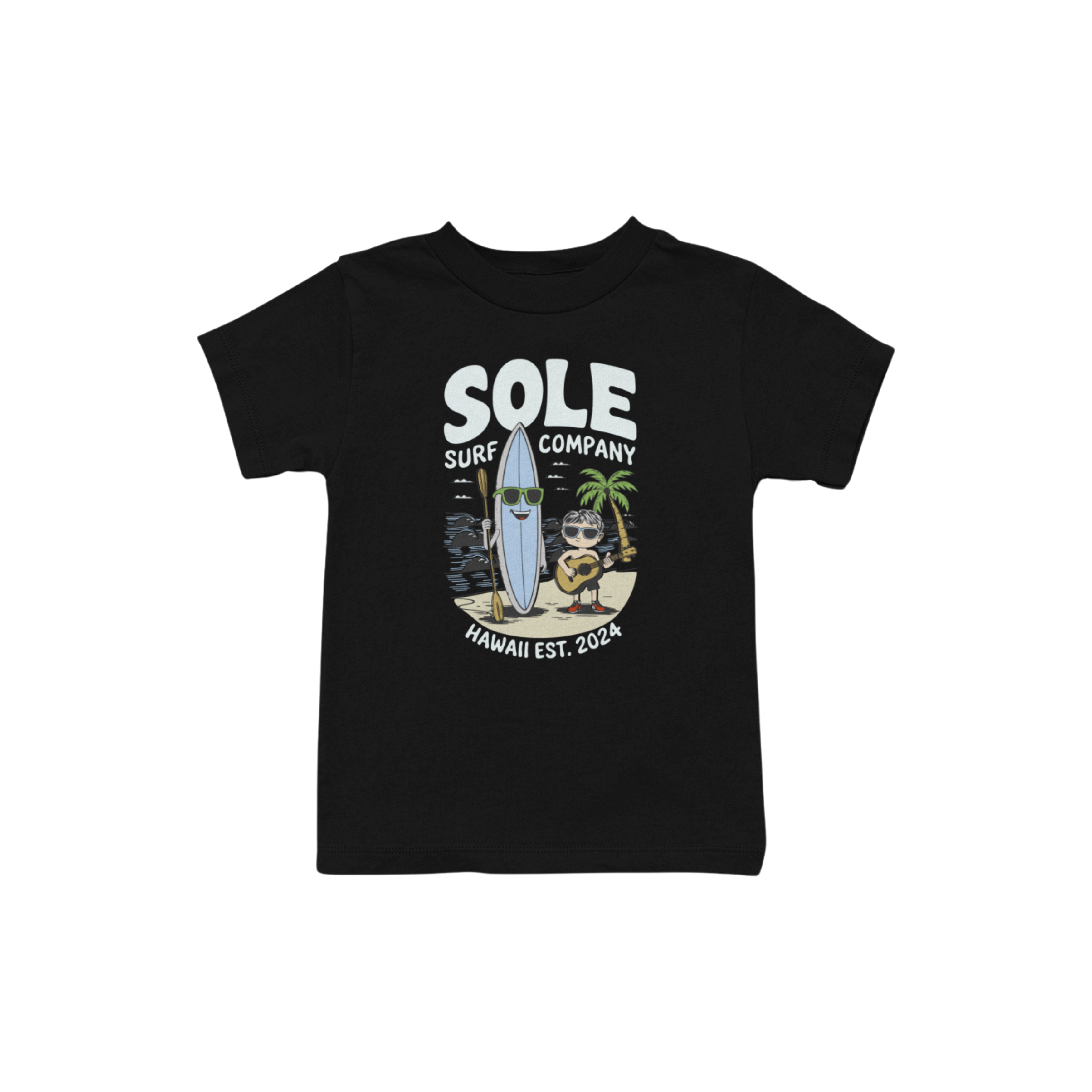 Kids Musical Island Boy Tee featuring hand-drawn graphics, ultra-soft cotton, and Sole Surf Company logo.