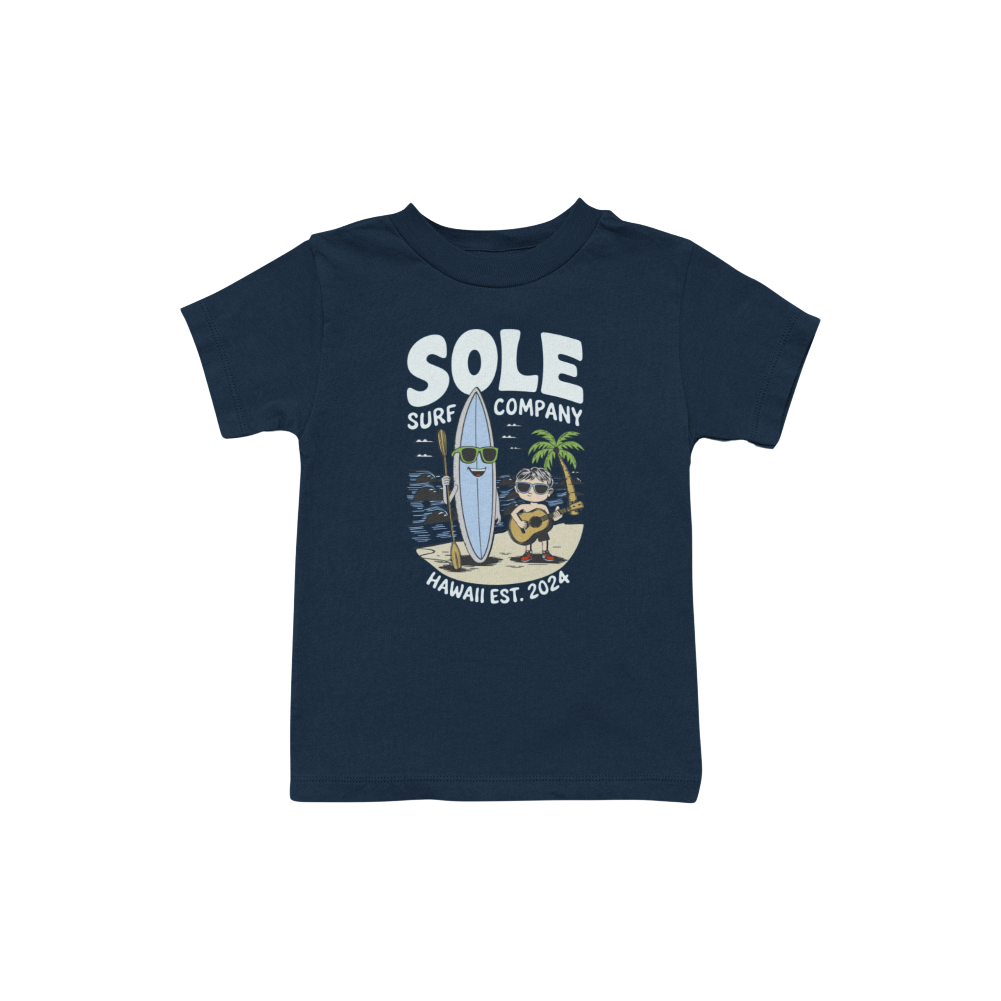 Navy Kids Musical Island Boy Tee with hand-drawn graphics and Sole Surf logo, perfect for little dreamers.