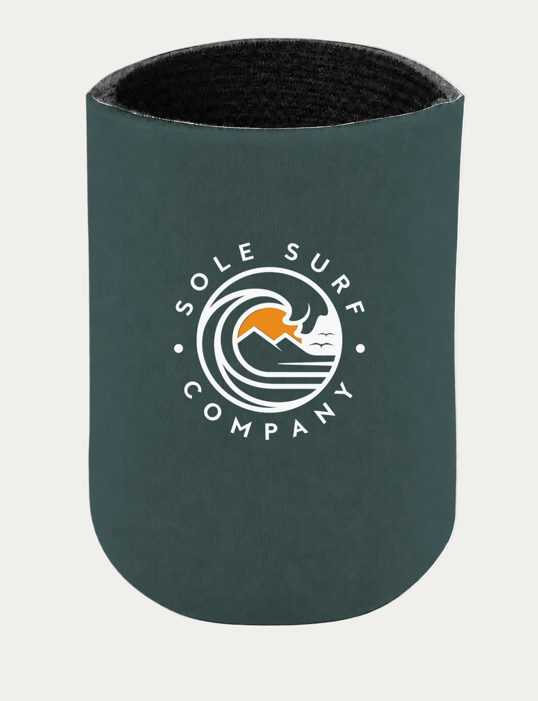 A dark teal neoprene can cooler sleeve with a white and orange 'Sole Surf Company' logo printed on the front, shown against a plain white background.