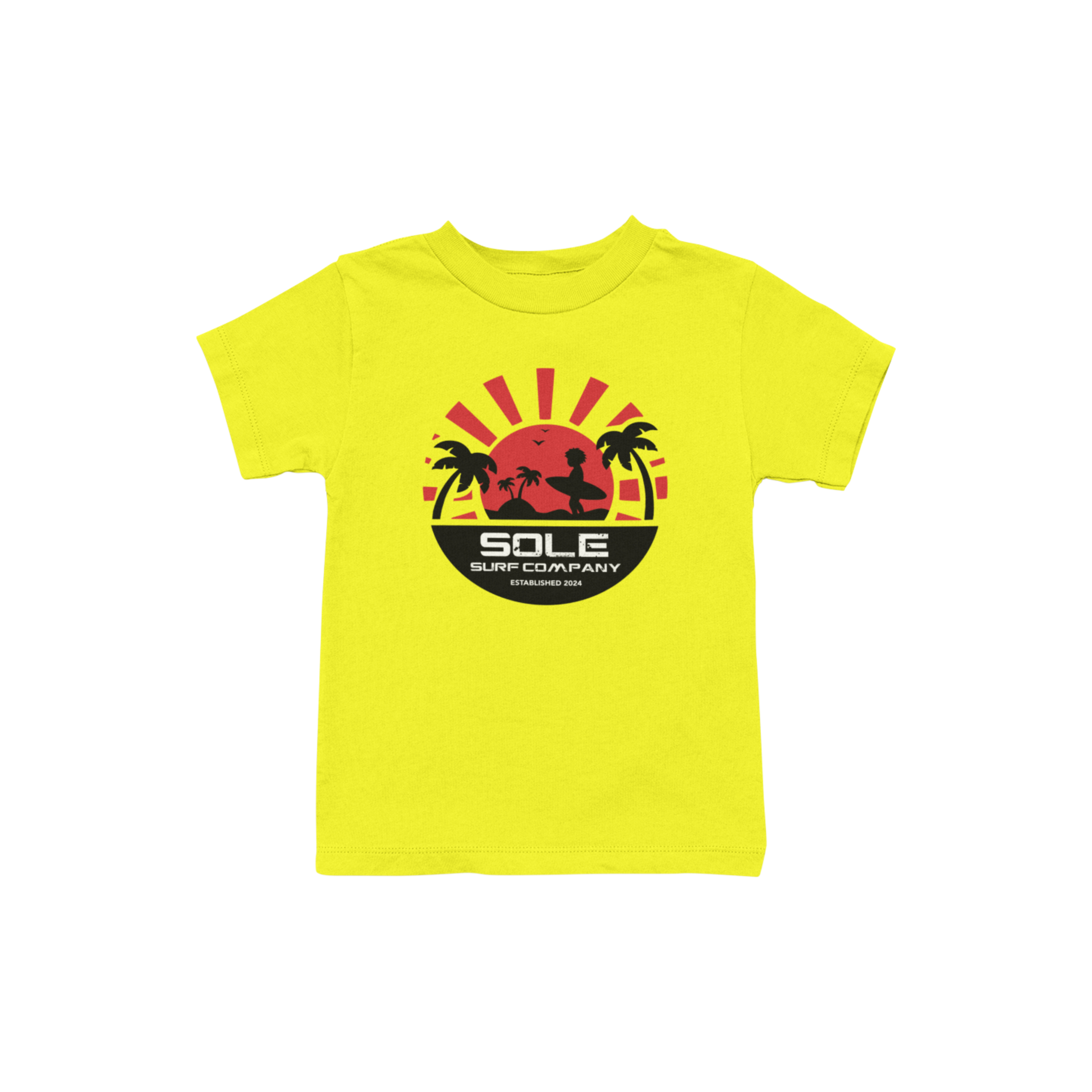 Bright yellow tee for boys featuring sun and palm trees, perfect for surf adventures and beach days.