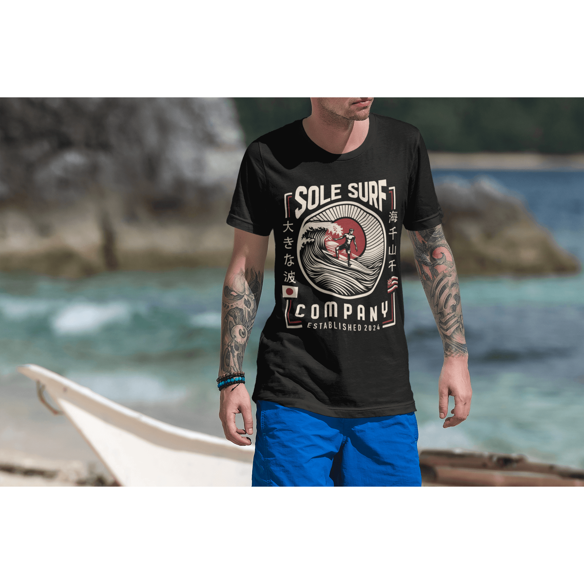 Japanese Hawaiian Flag T-Shirt for surf enthusiasts, featuring a relaxed beachy vibe, perfect for summer adventures.